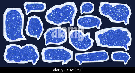 Blue crayon speech bubble sticker set with rough grainy texture, hand drawn comic chat balloons on notebook paper cutouts, playful doodle shapes and graphic elements vector illustration Stock Vector