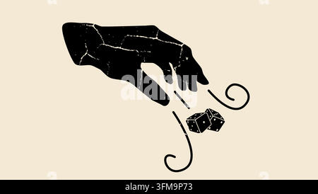 A hand throws a die in a casino , a black vector silhouette Stock Vector