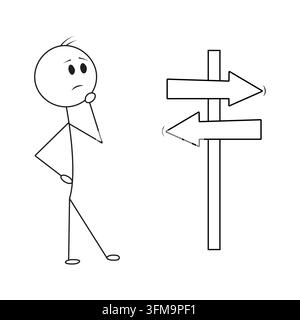 A stick figure standing next to a crossroad signpost with arrows pointing in opposite directions, feeling confused and making a decision. Stock Vector