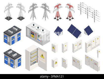 Electric power grid isometric icon set. High voltage transmission towers, solar panels, transformer substation and electrical cabinets vector illustra Stock Vector