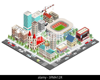 Modern city block isometric high detailed vector illustration with stadium, hospital, church, architecture and road traffic. Stock Vector