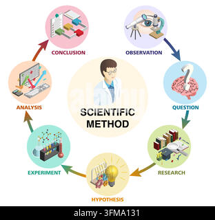 Scientific method cyclical infographic with steps. Educational science cycle chart showing observation, research, hypothesis, experiment, analysis and Stock Vector