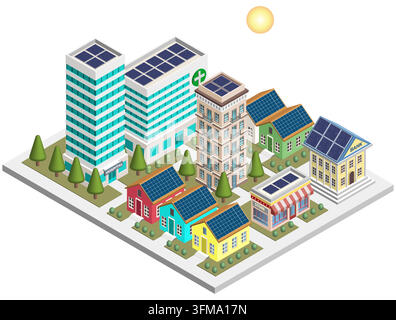 Smart eco city block isometric vector illustration. Urban infrastructure with solar panels on building roofs for renewable energy Stock Vector