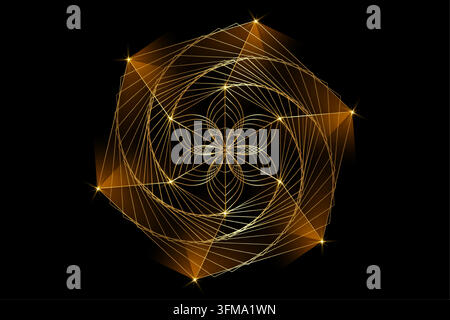 Sacred Geometry, mystical spiral hexagon and Flower of life, gold wireframe style, 3D representation of curved lines, esoteric logo seed of life Stock Vector