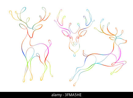 A single-line multicolored deer. hand drawing. Not AI. Vector illustration Stock Vector