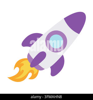 Cartoon purple and white space rocket flying isolated on white background. Stock Vector