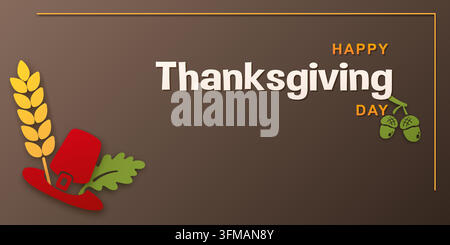 A festive Thanksgiving greeting featuring the words Happy Thanksgiving Day on a brown background. Elements include a golden wheat stalk, a red top hat Stock Vector