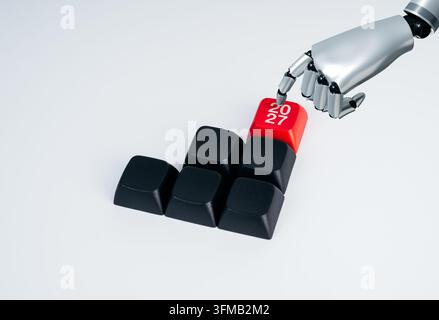 Robotic hand presses red 2027 button at the top of rising steps on white. AI risk management, strategic decision making, governance, uncertainty contr Stock Photo