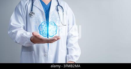 Doctor in white coat presents digital AI brain connected to medical data and healthcare icons. Clinical decision support, predictive analytics, medica Stock Photo