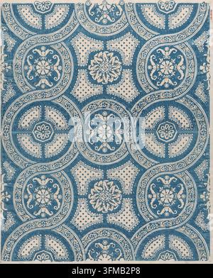 Historic decorative print titled Sheet with a running circles pattern with rosettes, created by an anonymous artist, possibly by the Italian Remondini Family, in the 19th century, featuring an intricate blue and white repeating ornamental design with circular motifs, rosettes and floral patterns. Stock Photo