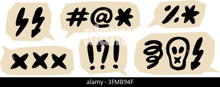 Handdrawn angry speech bubble set. Sketched curse and swear word sign collection. Crayon drawn negative grumpy harsh expression doodle. Vector rough comic text box symbol for hate or rude censorship Stock Vector