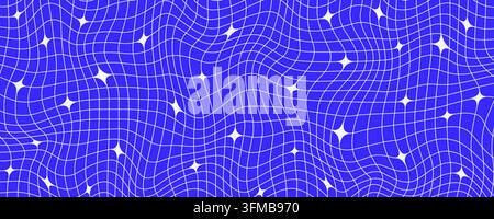 Deep blue Y2k trippy sparkle wireframe background. Distorted grid mesh pattern with stars. Navy groovy twinkle and checkered wallpaper. Vector geometric nostalgic aesthetic checkerboard tile texture Stock Vector