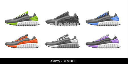 Vector Sneakers Set, six cut out illustrations of variety multi colored comfortable male sneakers, collection of summer sports and hipster sneakers - Stock Vector