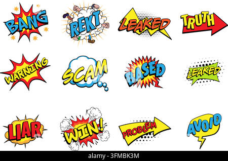 Colorful retro text effect comic book cartoon pop art retro word graphic set with speech bubbles, starbursts, arrows and thought clouds. For video thu Stock Vector