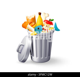 3D vector illustration of overflowing garbage can with food scraps. Food waste and composting concept. Recycling and sustainable living. Kitchen waste Stock Vector