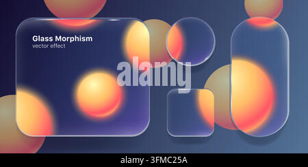 Transparent glass morphism UI elements set. Vector realistic illustration of frosted round button and rectangular panel, translucent card design for modern digital interface and tech application Stock Vector