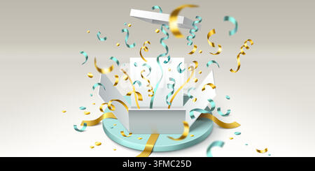 Open gift box on round white podium with flowing ribbons and color confetti. Vector realistic illustration of package explosion for sale events, promotional campaigns, and birthday surprise designs Stock Vector