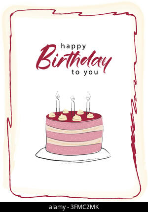 Hand drawn birthday greeting card template featuring a cute celebration cake with burning candles and happy to you lettering text.  Stock Vector