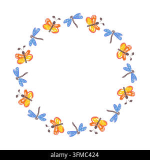 Circular arrangement of hand-drawn butterflies and dragonflies in alternating pattern. Playful crayon-style insect design perfect for kids art Stock Vector