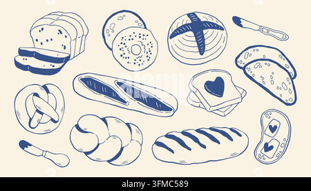 Fresh bakery bread line art collection vector illustration in blue mediterranean style. Features baguette, pretzel, bagel, sourdough, sliced loaf Stock Vector