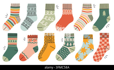 Cozy winter socks collection with Scandinavian knitted patterns, stripes, and Christmas ornaments in a flat vector style. Ideal for holiday designs Stock Vector