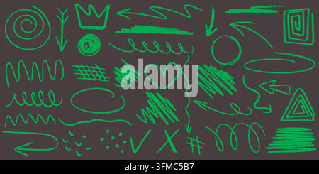 Set of neon green grunge style elements drawn by hand with marker Stock Vector