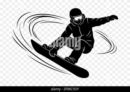 Freestyle snowboard rider in helmet and goggles performing aerial grab, black silhouette graphi Stock Vector