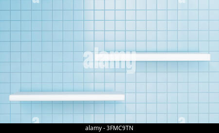 Two white bathroom shelfs on blue tile wall. Realistic 3D vector illustration for product display. Interior podium for cosmetic presentation and mockup design. Light mock up with clean minimal design. Stock Vector