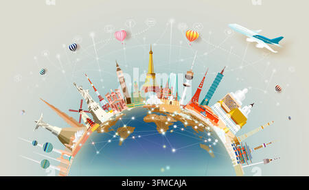 Travel landmarks world with world map and global technology network, Global technology wireless communication landmark architecture monuments of world. Stock Vector