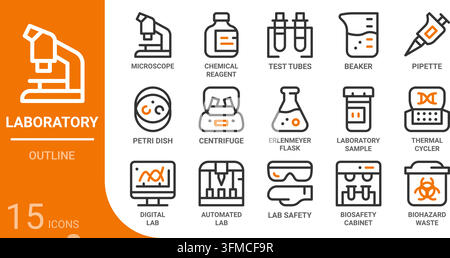 laboratory equipment and workflow outline icon collection for web, app, UI, UX, dashboard, presentation and infographic and print design Stock Vector