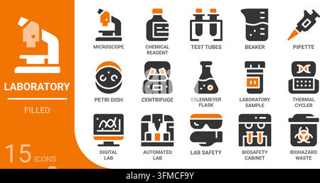 laboratory equipment and workflow filled glyph icon collection for web, app, UI, UX, dashboard, presentation and infographic and print design Stock Vector