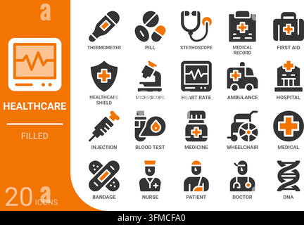 healthcare and medical filled glyph icon collection for web, app, UI, UX, dashboard, presentation and infographic and print design Stock Vector