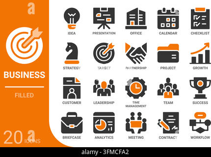 business filled glyph icon collection for web, app, UI, UX, dashboard, presentation and infographic and print design Stock Vector