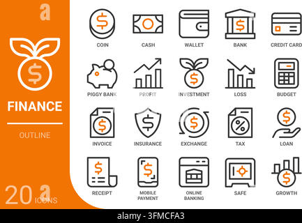 finance outline icon collection for web, app, UI, UX, dashboard, presentation and infographic and print design Stock Vector