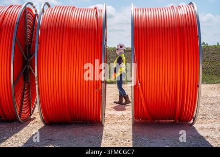 Wind farm construction pipe conduit Stock Photo