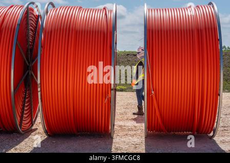 Wind farm construction pipe conduit Stock Photo