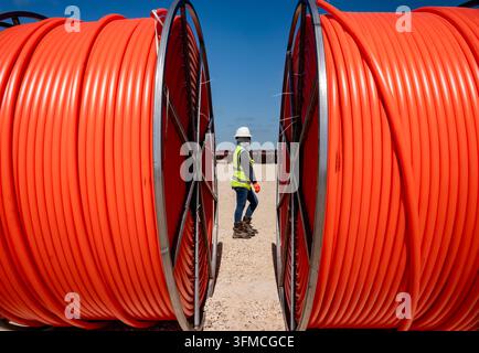 Wind farm construction pipe conduit Stock Photo