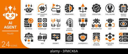 ai agent filled glyph icon collection for web, app, UI, UX, dashboard, presentation and infographic and print design Stock Vector