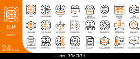 large language model,llm outline icon collection for web, app, UI, UX, dashboard, presentation and infographic and print design Stock Vector