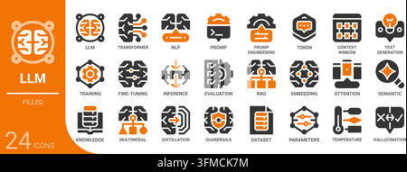 large language model,llm filled glyph icon collection for web, app, UI, UX, dashboard, presentation and infographic and print design Stock Vector