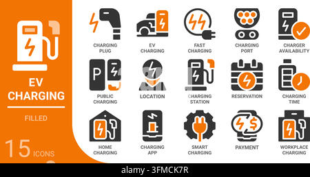 ev charging Infrastructure and user experience filled glyph icon collection for web, app, UI, UX, dashboard, presentation and infographic and print de Stock Vector