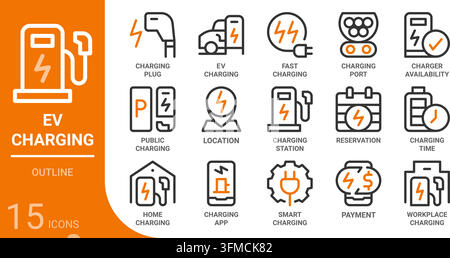 ev charging Infrastructure and user experience outline icon collection for web, app, UI, UX, dashboard, presentation and infographic and print design Stock Vector