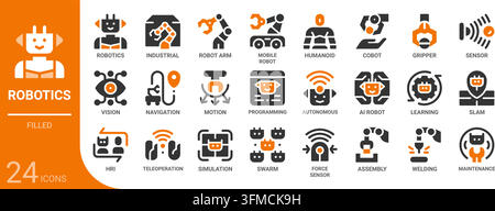 robotics filled glyph icon collection for web, app, UI, UX, dashboard, presentation and infographic and print design Stock Vector