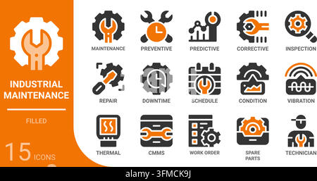 industrial maintenance filled glyph icon collection for web, app, UI, UX, dashboard, presentation and infographic and print design Stock Vector