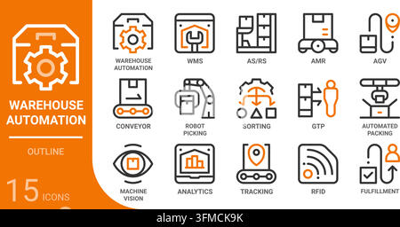 warehouse automation outline icon collection for web, app, UI, UX, dashboard, presentation and infographic and print design Stock Vector