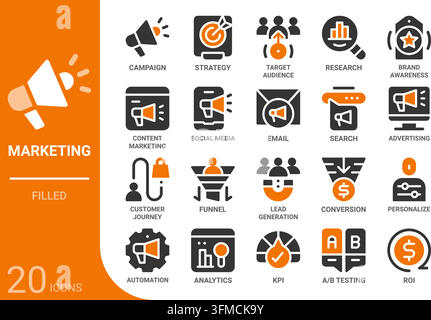 marketing filled glyph icon collection for web, app, UI, UX, dashboard, presentation and infographic and print design Stock Vector