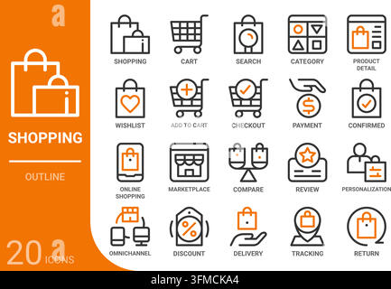 shopping outline icon collection for web, app, UI, UX, dashboard, presentation and infographic and print design Stock Vector