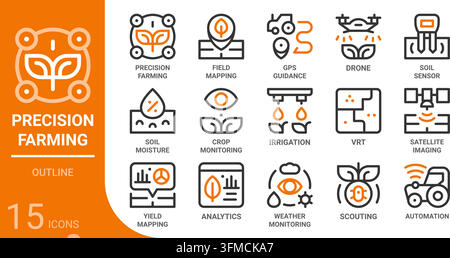 precision farming and smart farm outline icon collection for web, app, UI, UX, dashboard, presentation and infographic and print design Stock Vector