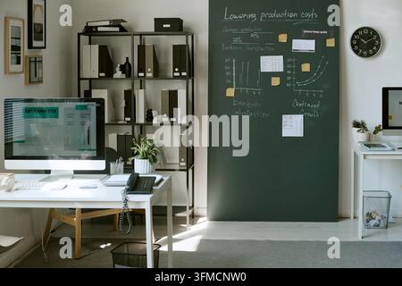 Modern Empty Office Workspace Showing SWOT Analysis on Computer Screen Stock Photo