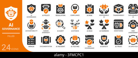 ai governance filled glyph icon collection for web, app, UI, UX, dashboard, presentation and infographic and print design Stock Vector